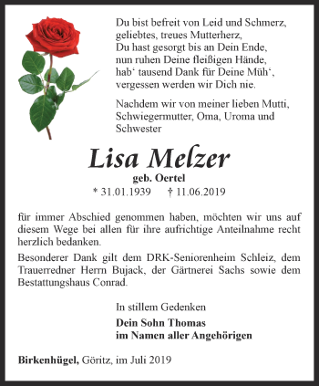 Traueranzeige von Lisa Melzer von Ostthüringer Zeitung