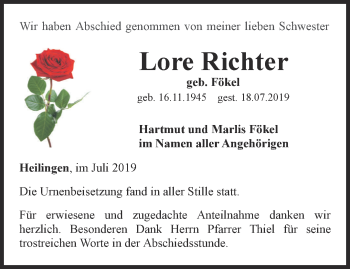 Traueranzeige von Lore Richter von Ostthüringer Zeitung
