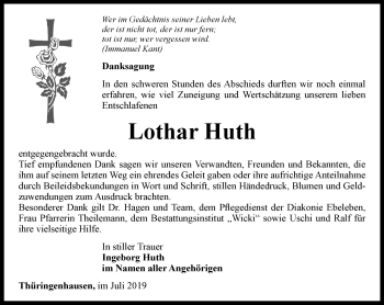 Traueranzeige von Lothar Huth von Thüringer Allgemeine