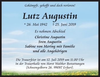 Traueranzeige von Lutz Augustin von Thüringer Allgemeine, Thüringische Landeszeitung