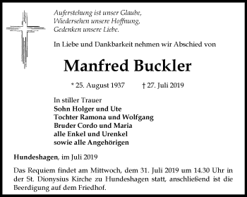 Traueranzeige von Manfred Buckler von Thüringer Allgemeine