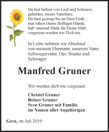 Traueranzeige von Manfred Gruner von Ostthüringer Zeitung