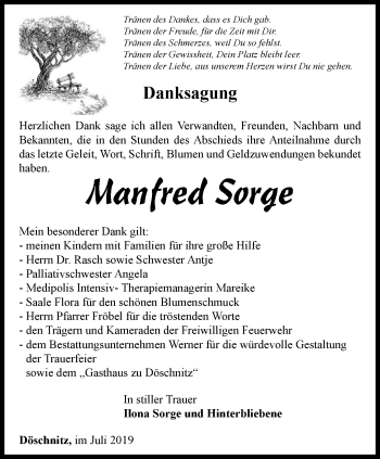 Traueranzeige von Manfred Sorge von Ostthüringer Zeitung