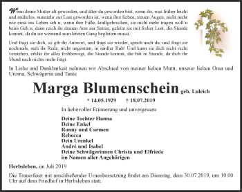 Traueranzeige von Marga Blumenschein von Thüringer Allgemeine, Thüringische Landeszeitung