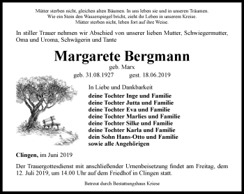 Traueranzeige von Margarete Bergmann von Thüringer Allgemeine