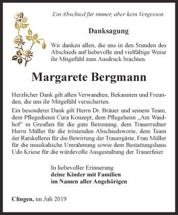 Traueranzeige von Margarete Bergmann von Thüringer Allgemeine