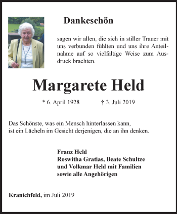 Traueranzeige von Margarete Held von Thüringer Allgemeine, Thüringische Landeszeitung