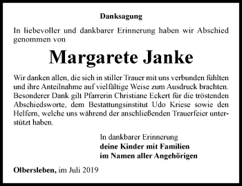 Traueranzeige von Margarete Janke von Thüringer Allgemeine