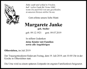 Traueranzeige von Margarete Janke von Thüringer Allgemeine