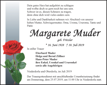 Traueranzeige von Margarete Muder von Thüringer Allgemeine, Thüringische Landeszeitung
