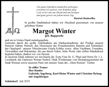 Traueranzeige von Margot Winter von Thüringer Allgemeine, Thüringische Landeszeitung