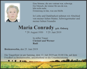 Traueranzeige von Maria Conrady von Thüringer Allgemeine