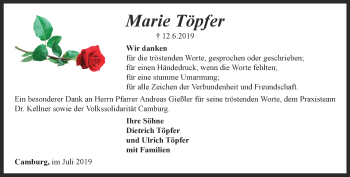 Traueranzeige von Marie Töpfer von Ostthüringer Zeitung, Thüringische Landeszeitung