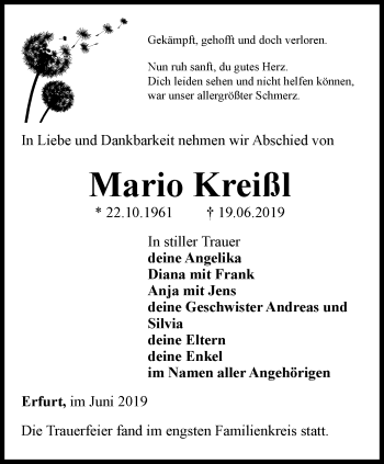 Traueranzeige von Mario Kreißl von Thüringer Allgemeine, Thüringische Landeszeitung
