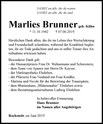 Traueranzeige von Marlies Brunner von Thüringer Allgemeine