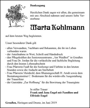 Traueranzeige von Marta Kohlmann von Thüringer Allgemeine