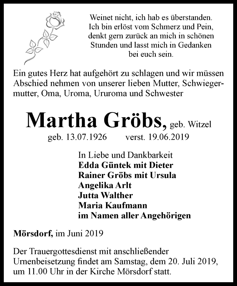  Traueranzeige für Martha Gröbs vom 13.07.2019 aus Ostthüringer Zeitung