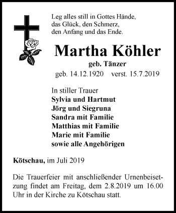 Traueranzeige von Martha Köhler von Thüringer Allgemeine, Thüringische Landeszeitung