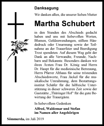 Traueranzeige von Martha Schubert von Thüringer Allgemeine