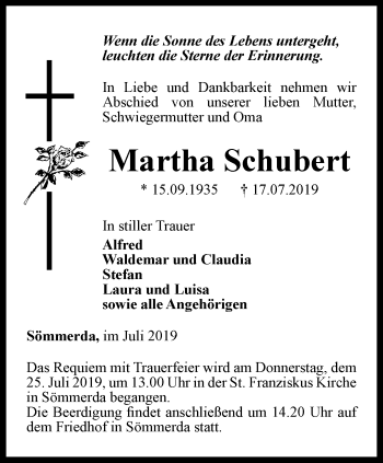 Traueranzeige von Martha Schubert von Thüringer Allgemeine