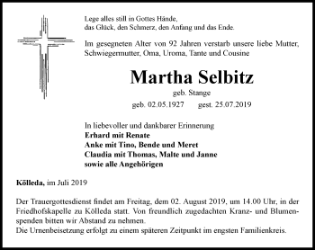 Traueranzeige von Martha Selbitz von Thüringer Allgemeine