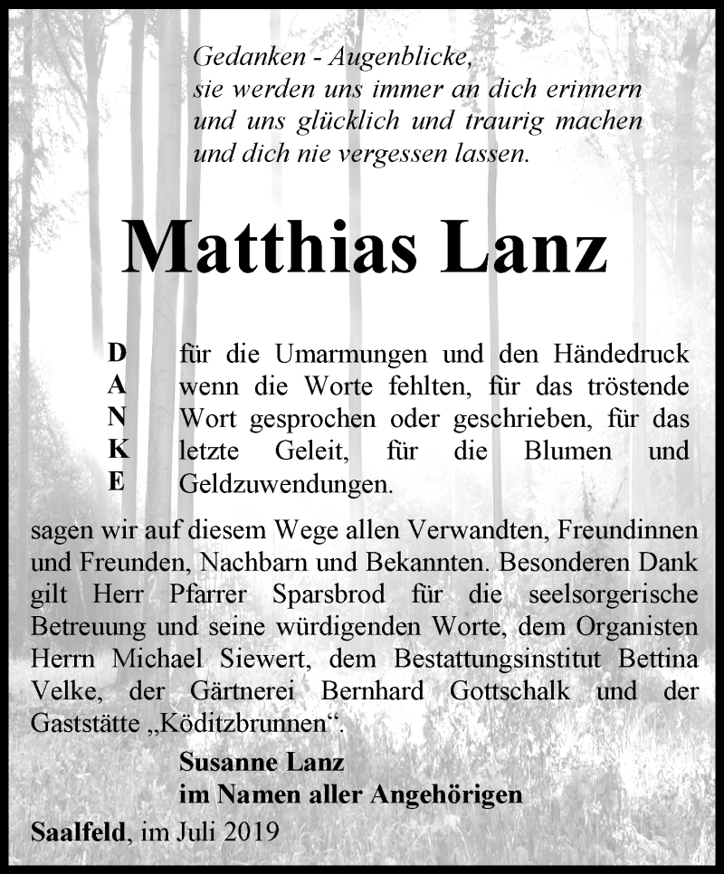  Traueranzeige für Matthias Lanz vom 20.07.2019 aus Ostthüringer Zeitung