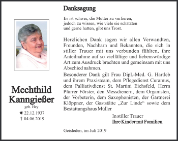 Traueranzeige von Mechthild Kanngießer von Thüringer Allgemeine