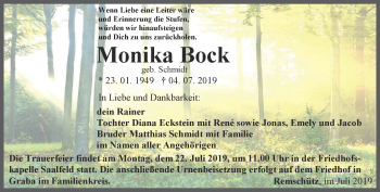 Traueranzeige von Monika Bock von Ostthüringer Zeitung