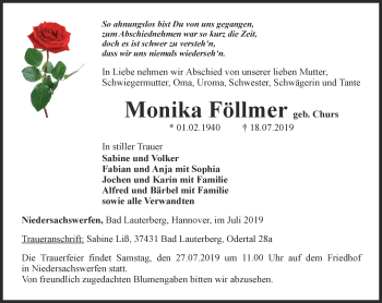 Traueranzeige von Monika Föllmer von Thüringer Allgemeine