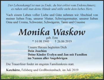 Traueranzeige von Monika Waskow von Ostthüringer Zeitung