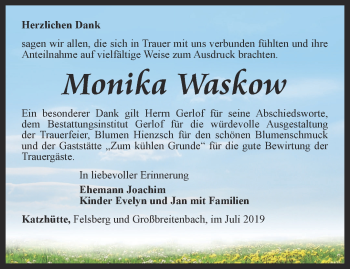 Traueranzeige von Monika Waskow von Ostthüringer Zeitung