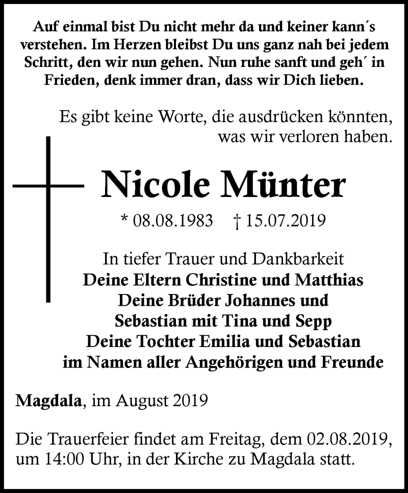  Traueranzeige für Nicole Münter vom 27.07.2019 aus Thüringer Allgemeine, Thüringische Landeszeitung