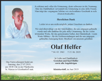 Traueranzeige von Olaf Helfer von Thüringer Allgemeine