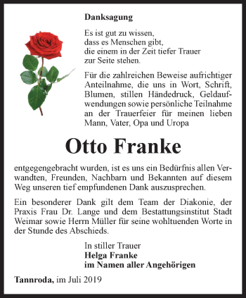 Traueranzeige von Otto Franke von Thüringer Allgemeine, Thüringische Landeszeitung