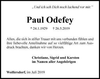 Traueranzeige von Paul Odefey von Ostthüringer Zeitung