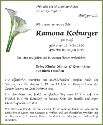 Traueranzeige von Ramona Koburger von Ostthüringer Zeitung