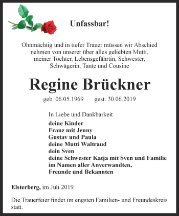 Traueranzeige von Regine Brückner von Ostthüringer Zeitung