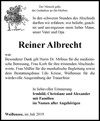 Traueranzeige von Reiner Albrecht von Thüringer Allgemeine