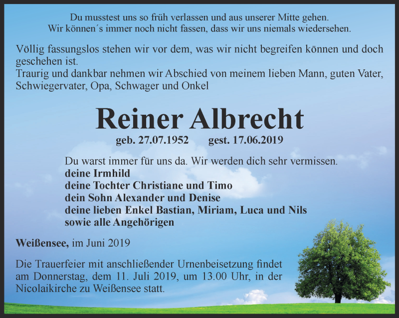  Traueranzeige für Reiner Albrecht vom 06.07.2019 aus Thüringer Allgemeine