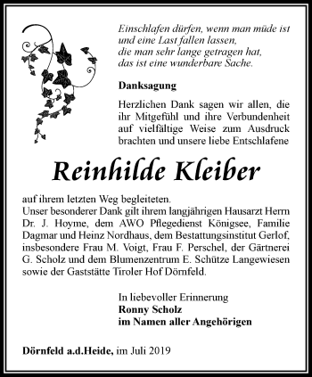 Traueranzeige von Reinfidie Kleiber von Ostthüringer Zeitung