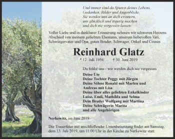 Traueranzeige von Reinhard Glatz von Ostthüringer Zeitung, Thüringische Landeszeitung