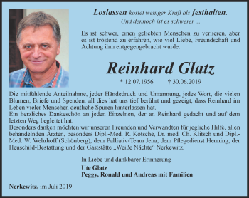 Traueranzeige von Reinhard Glatz von Ostthüringer Zeitung, Thüringische Landeszeitung