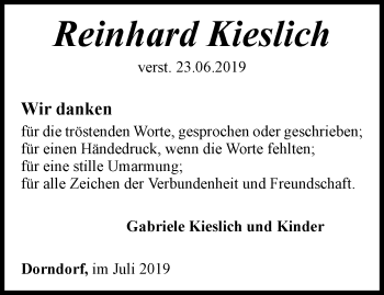 Traueranzeige von Reinhard Kieslich von Ostthüringer Zeitung, Thüringische Landeszeitung