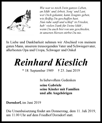 Traueranzeige von Reinhard Kieslich von Ostthüringer Zeitung, Thüringische Landeszeitung