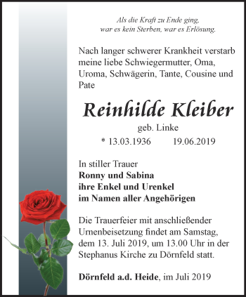 Traueranzeige von Reinhilde Kleiber von Ostthüringer Zeitung
