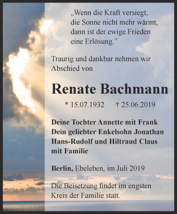 Traueranzeige von Renate Bachmann von Thüringer Allgemeine