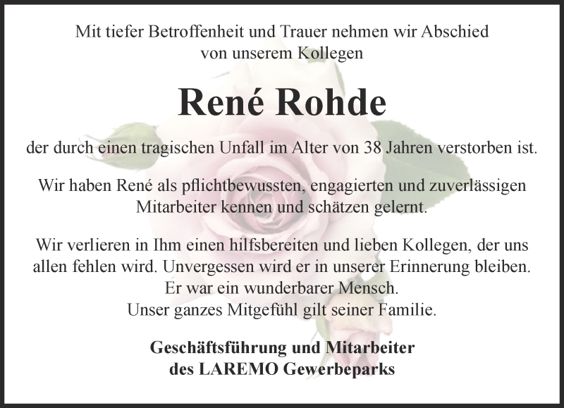  Traueranzeige für Rene Rohde vom 03.07.2019 aus Ostthüringer Zeitung