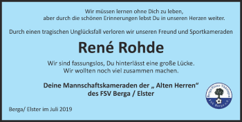 Traueranzeige von Rene Rohde von Ostthüringer Zeitung