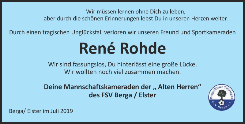  Traueranzeige für Rene Rohde vom 06.07.2019 aus Ostthüringer Zeitung