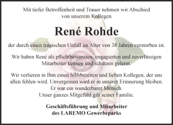 Traueranzeige von Rene Rohde von Ostthüringer Zeitung